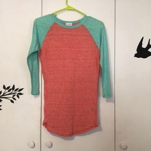LuLaRoe Randy XXS 3/4 Sleeve salmon and aqua top